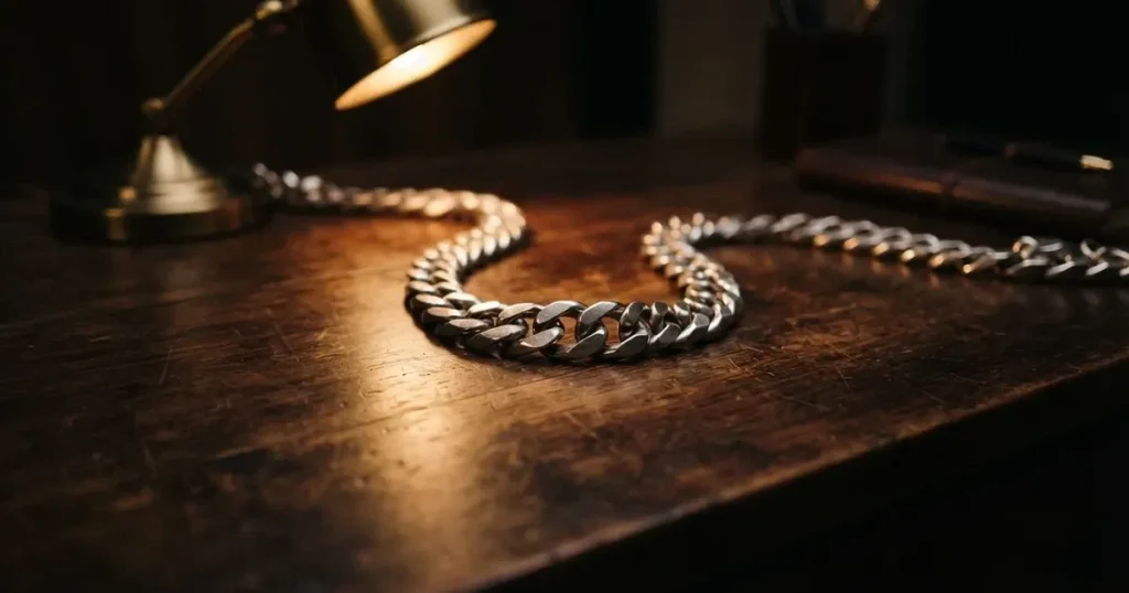 Eine Kette aus silbernen Gliedern liegt ausgebreitet auf dunklem Holz, ein einzelnes Glied ist von einer Lampe hell beleuchtet.