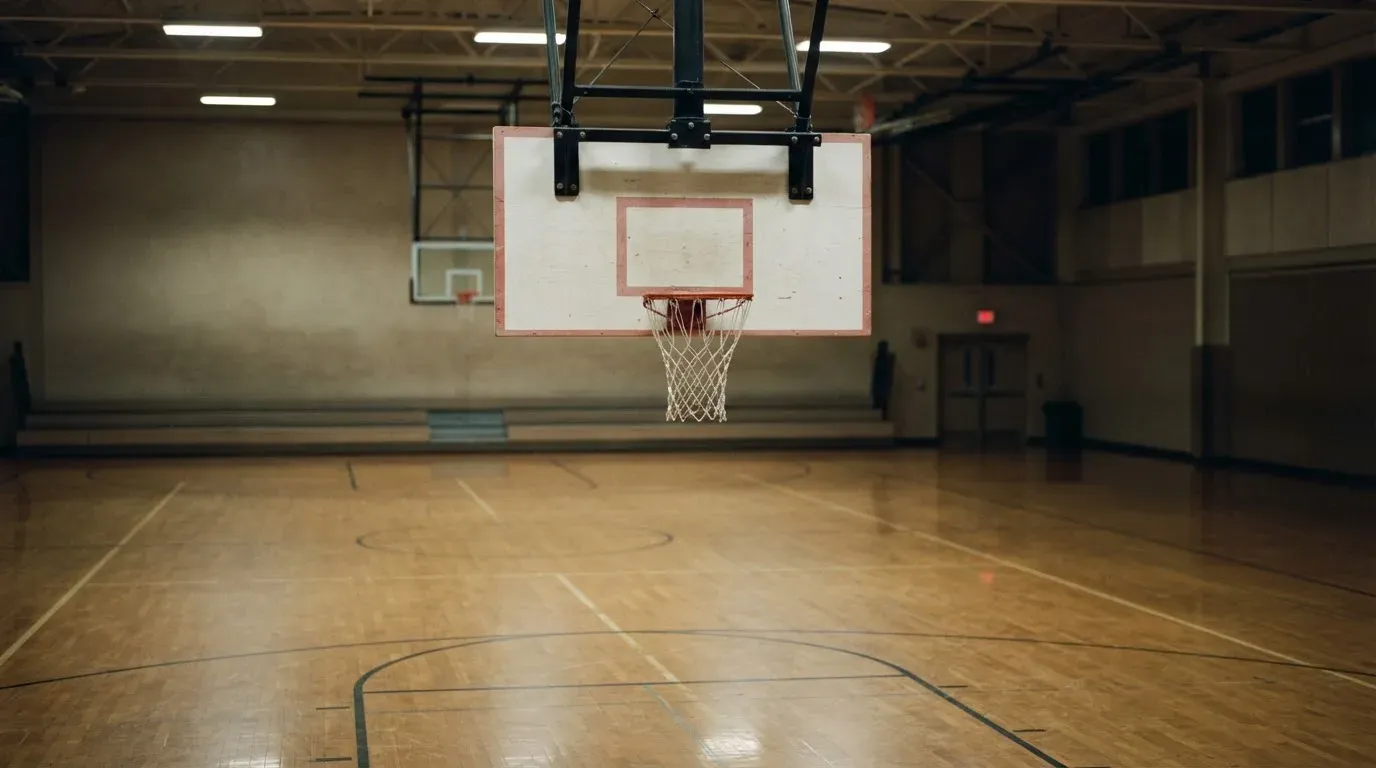 Ein Basketballkorb hängt in einer leeren Halle über einem Holzparkett, von der Decke fällt gleichmässiges Licht auf den Boden.
