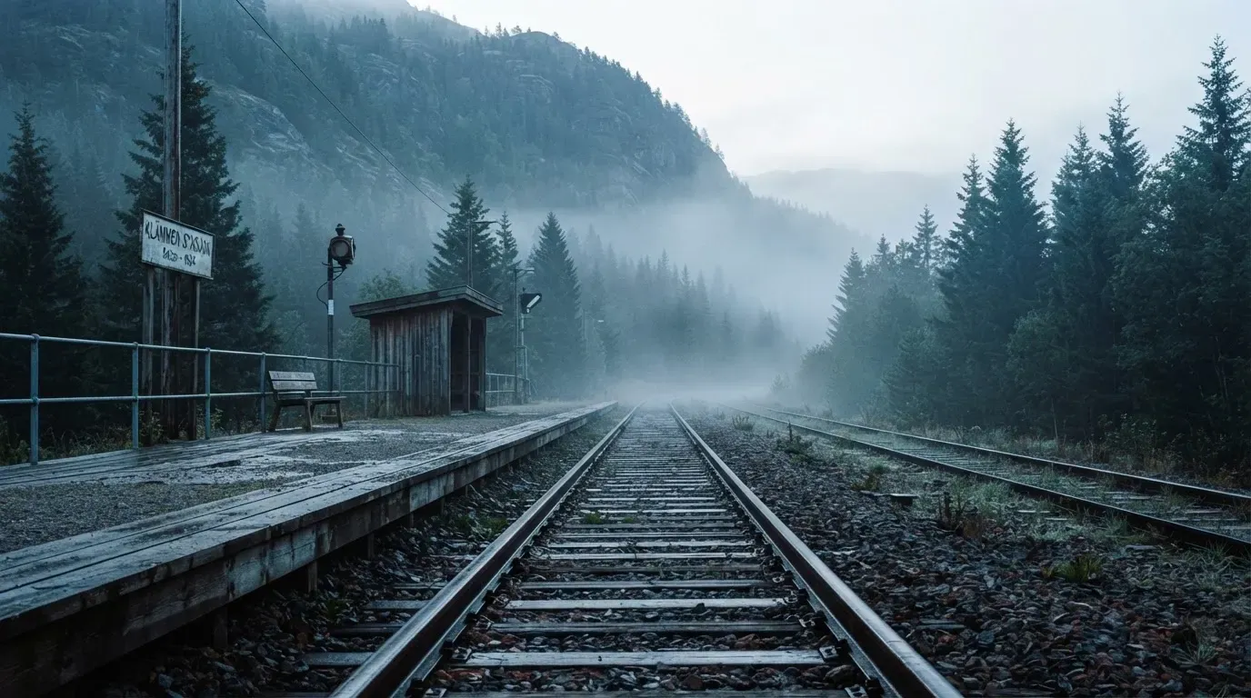 Ein leerer Bahnsteig in den Bergen mit zwei Gleisen, über den Schienen hängt Morgennebel und dahinter ragen dunkle Tannen auf.