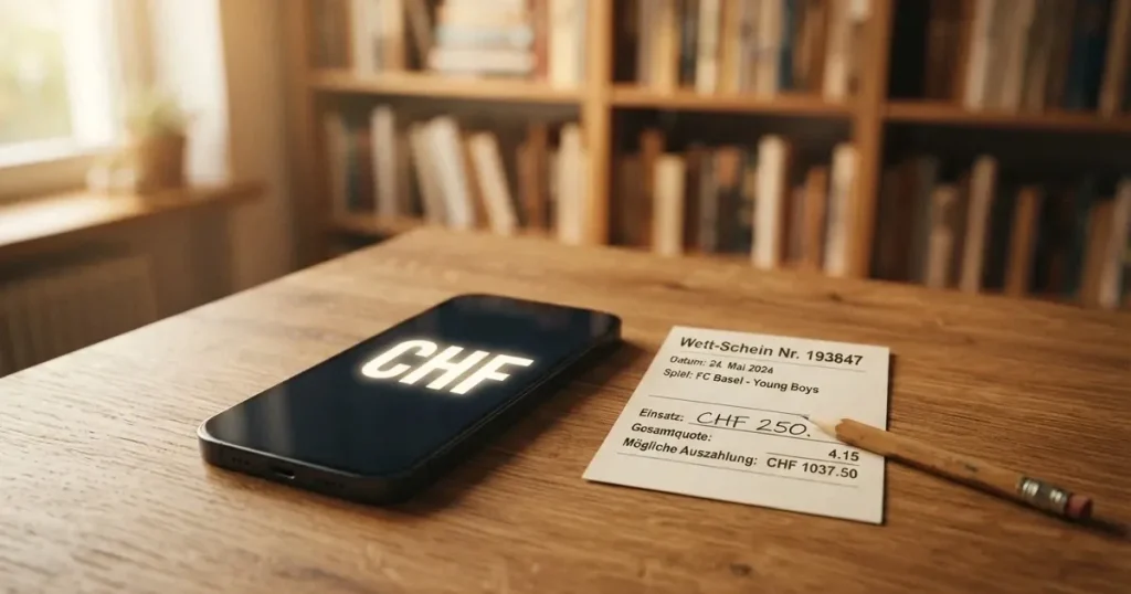 Ein kleiner Stapel Münzen liegt auf einem Holztisch neben einem Bleistift, im Hintergrund unscharf ein Regal mit Büchern.