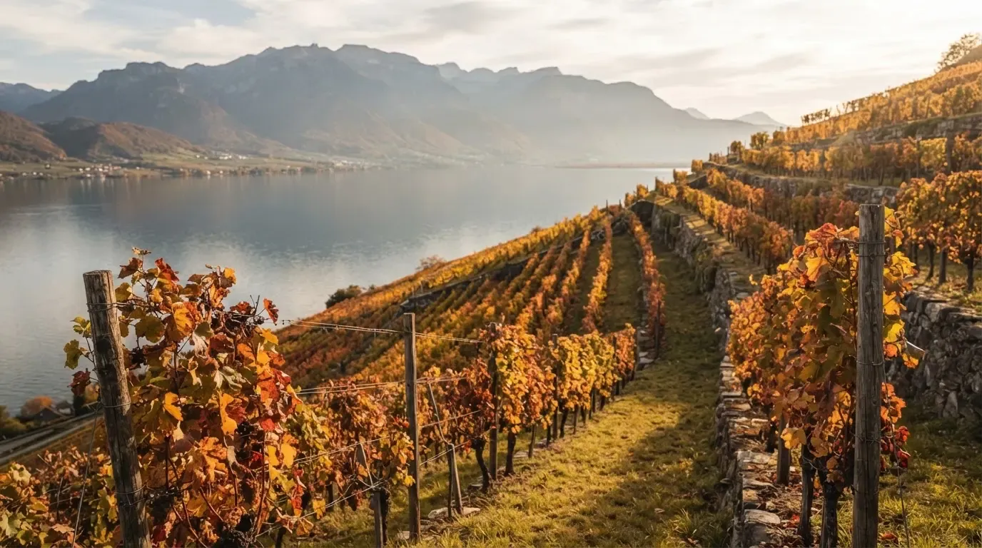 Rebzeilen ziehen sich im Herbstlicht einen Hang über einem See hinunter, die Blätter leuchten gelb und rot.