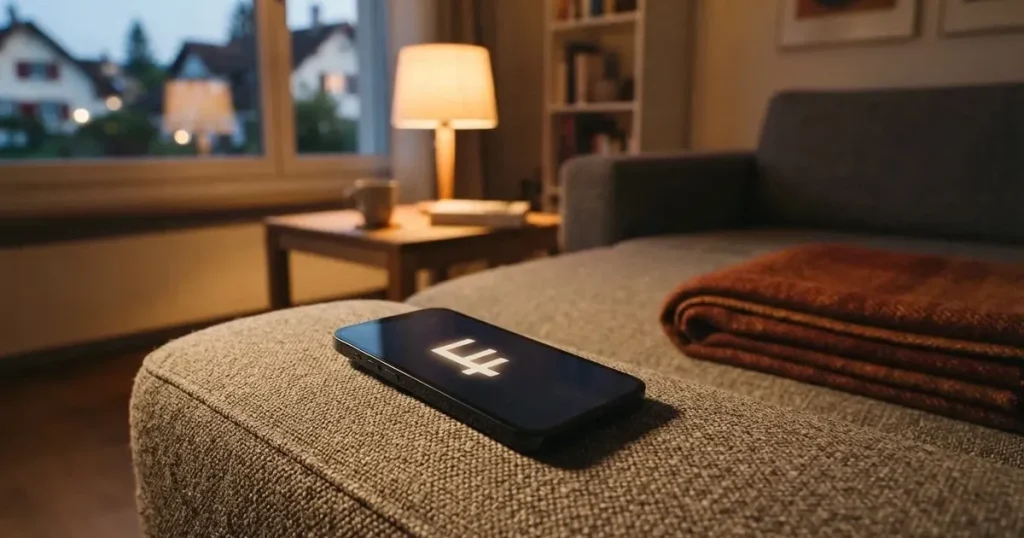 Ein Smartphone mit dunklem Display liegt auf der Lehne eines Sofas neben einer Wolldecke, warmes Abendlicht fällt ins Zimmer.