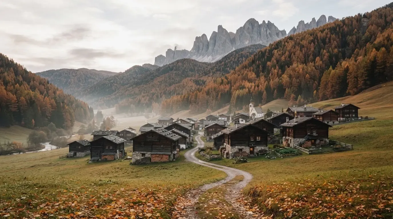 Ein kleines Dorf mit Holzhäusern liegt im Herbst in einem Tal, darüber ragen bewaldete Hänge und ein Bergkamm auf.