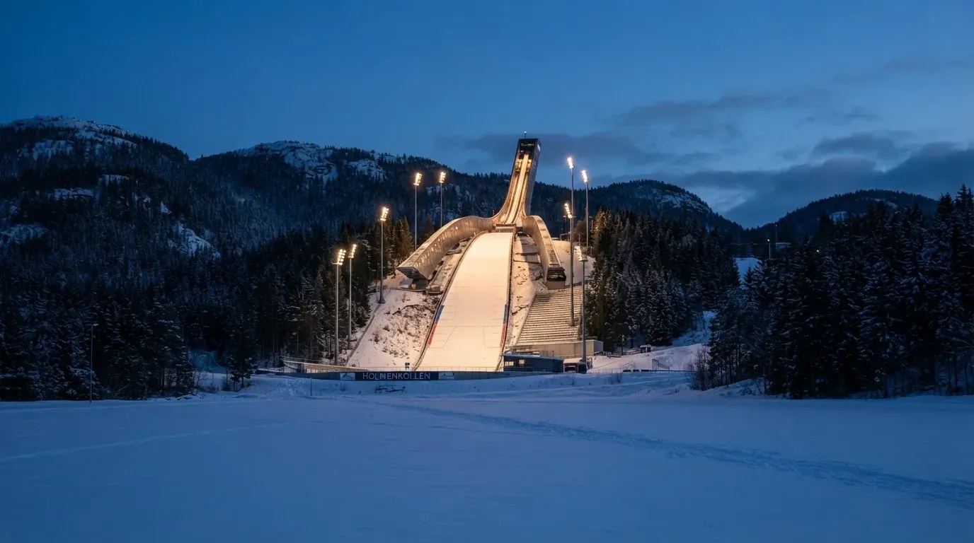 Eine Skisprungschanze steht am Abend im Flutlicht, aus der Ferne betrachtet, umgeben von dunklem Tannenwald und leichtem Schnee.