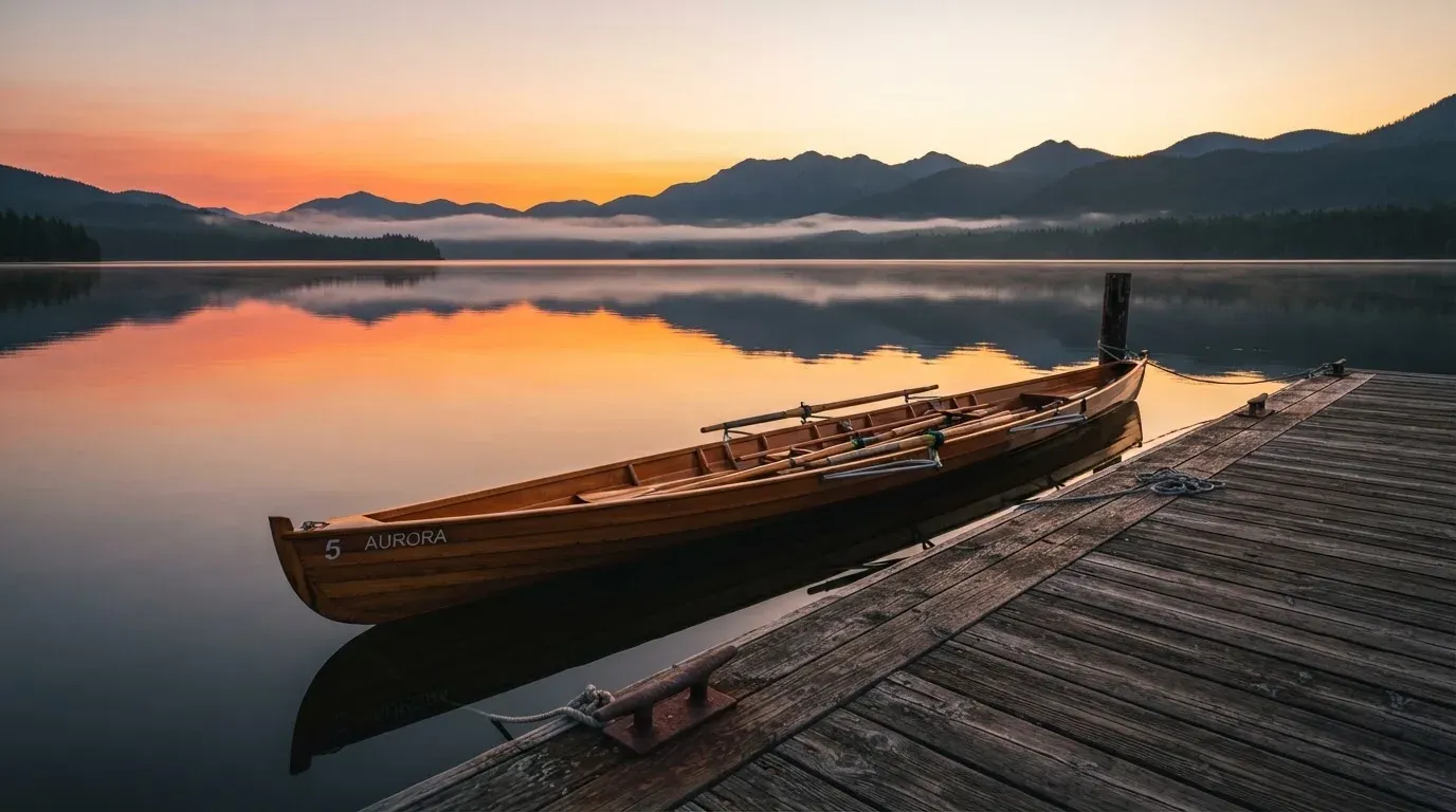 Ein leerer Ruder-Achter liegt bei Sonnenaufgang am Steg eines Sees, das Wasser ist spiegelglatt und der Himmel orange.