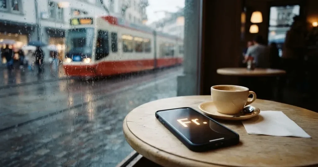Ein Café-Tisch am Fenster trägt ein Smartphone mit dunklem Display, an der Scheibe laufen Regentropfen herunter und draussen steht eine Tram.