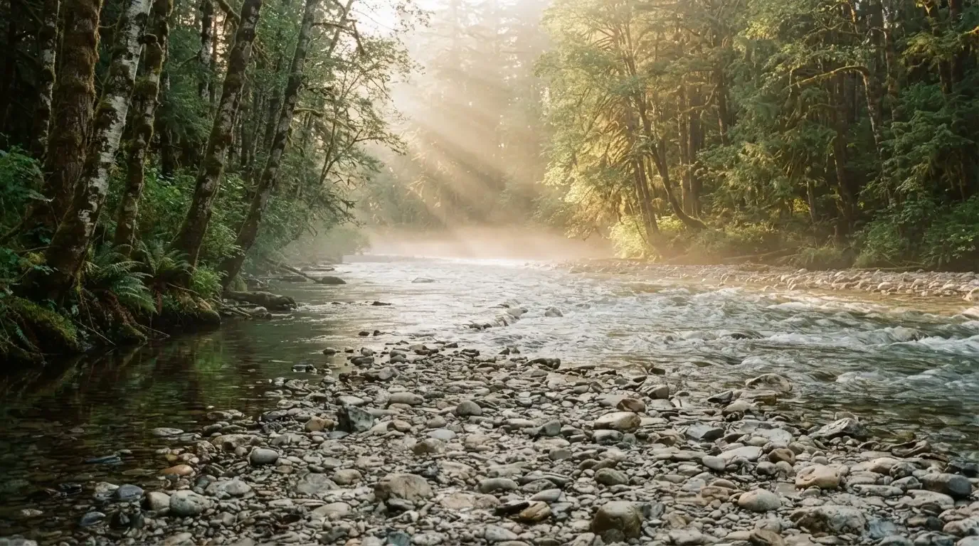 Ein Fluss mit breiter Kiesbank fliesst durch einen Wald, über dem Wasser hängt früher Nebel und Sonnenstrahlen brechen durch.