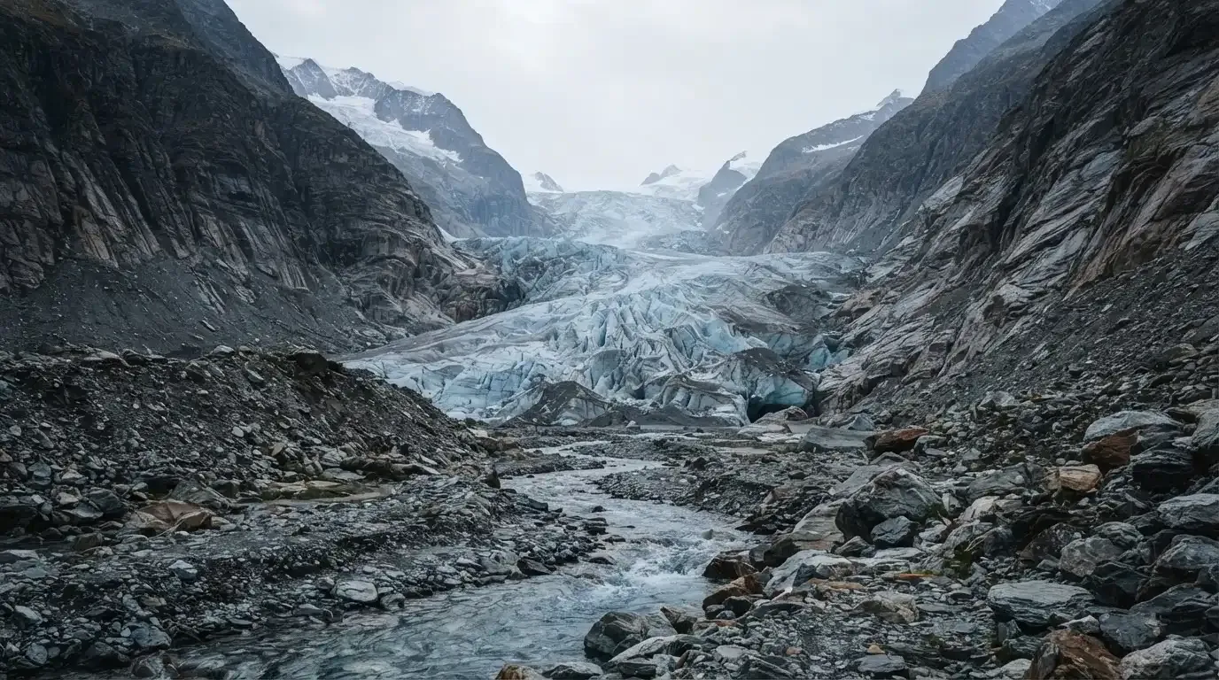 Ein Gletscher schiebt sich zwischen steile Felswände, im Vordergrund liegen Geröll und ein schmaler Bach in kaltem Licht.