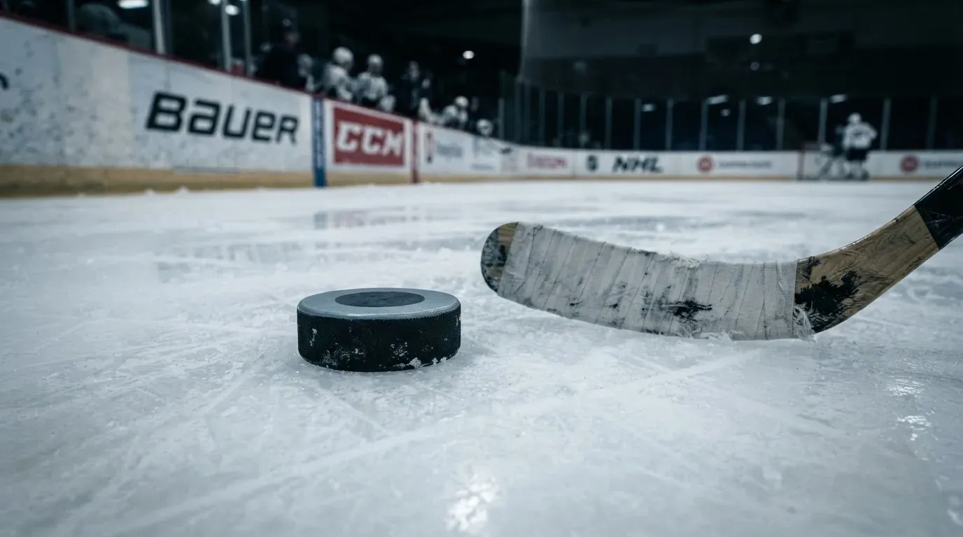 Ein Eishockeypuck liegt auf der Eisfläche neben dem Blatt eines Schlägers, die Bande dahinter ist im Dunkeln nur schwach zu erkennen.