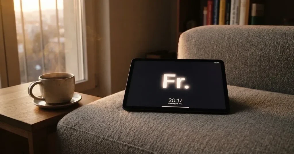 Ein Tablet mit schwarzem Display liegt auf einem Sofakissen, daneben ein Becher mit Tee, vom Fenster her fällt Abendlicht.