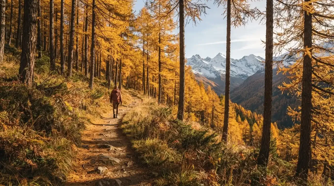 Ein Wanderweg schlängelt sich durch einen goldgelben Lärchenwald, in der Ferne sind schneebedeckte Berge zu sehen.
