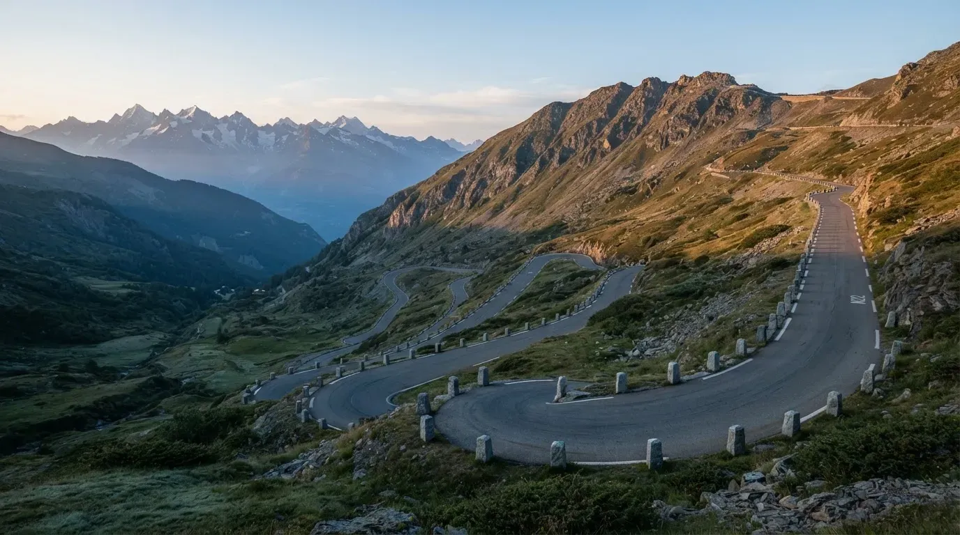Eine leere Passstrasse mit Serpentinen windet sich im Morgenlicht einen Berg hinauf, am Rand stehen niedrige Steinpfosten.