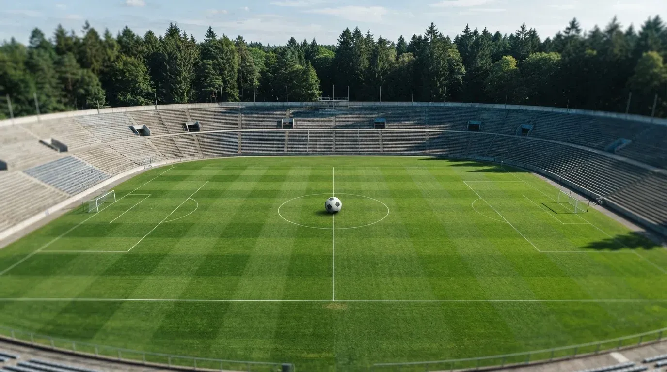 Ein Rasenplatz mit Spielfeldlinien ist von oben gesehen, ein einzelner Ball liegt in der Mitte, rundherum stehen leere Tribünen und Tannenwald.