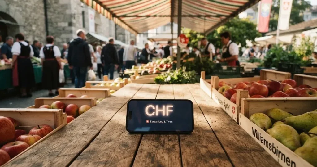 Ein Smartphone mit dunklem Display liegt auf dem Holztisch eines Marktstands zwischen Äpfeln und Birnen, morgendliches Licht fällt durch eine Plane.