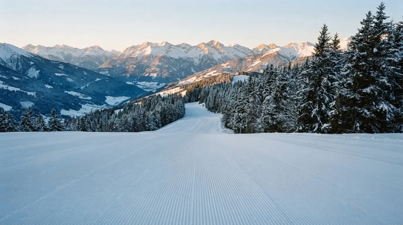 Eine frisch präparierte Skipiste liegt im Morgenlicht leer da, am Rand stehen verschneite Tannen und im Hintergrund Gipfel.