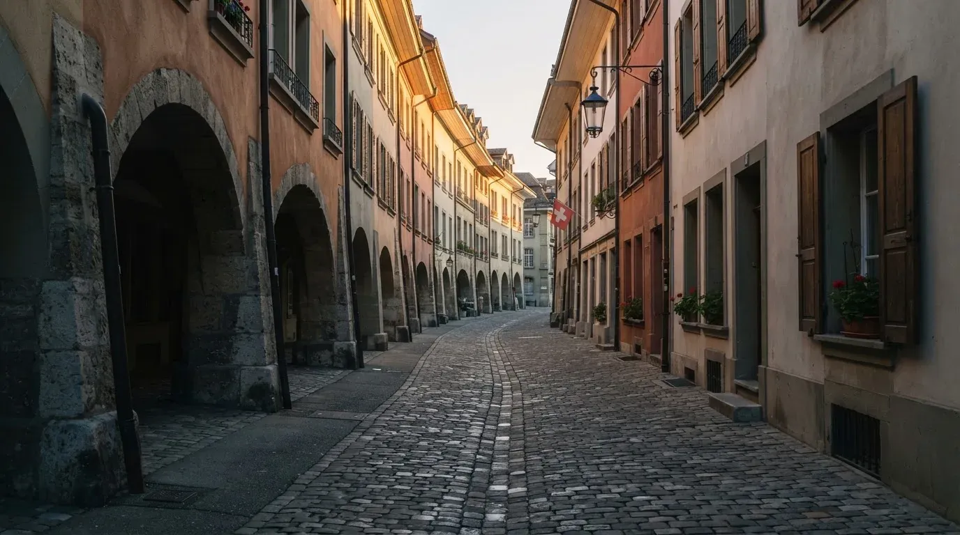 Eine kopfsteingepflasterte Gasse mit Arkaden in einer Schweizer Altstadt im frühen Morgenlicht, niemand ist unterwegs.