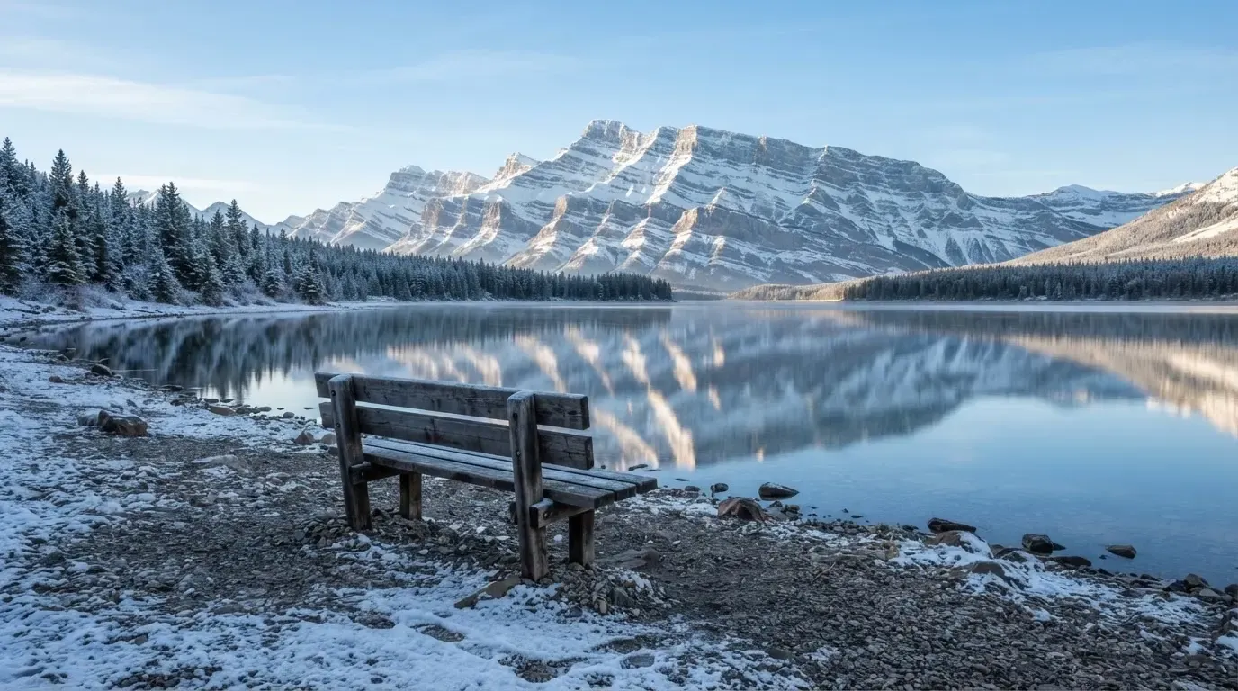 Eine Bank an einem Bergsee, dahinter schneebedeckte Gipfel im klaren Licht eines Wintermorgens.