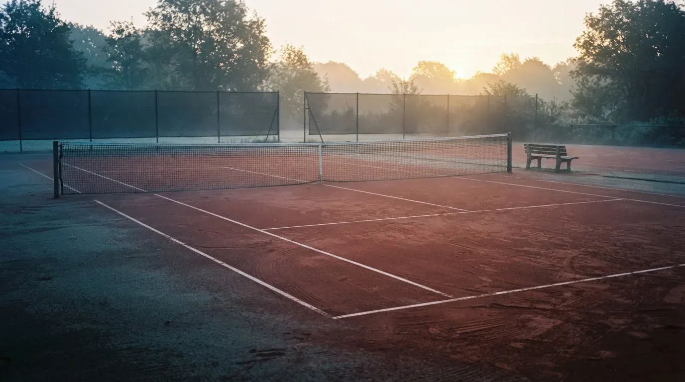 Ein Tennisplatz im Morgengrauen mit gespanntem Netz und feinem Dunst über der roten Asche.