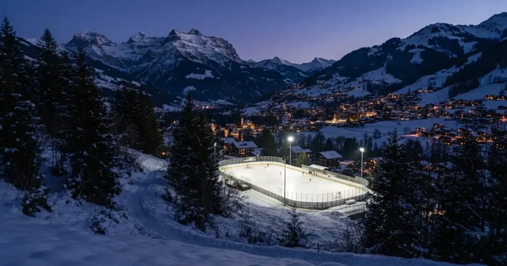 Eine Eisfläche unter Flutlicht in der Winterdämmerung, aus grosser Distanz von einem verschneiten Hang aus gesehen.