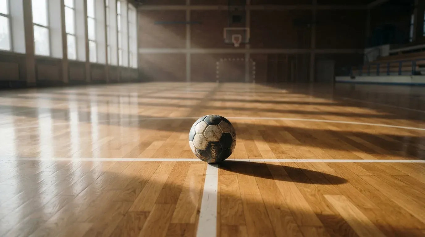 Der Boden einer Sporthalle aus poliertem Parkett mit einem einzelnen Handball in der Mitte, Licht fällt durch hohe Fenster.