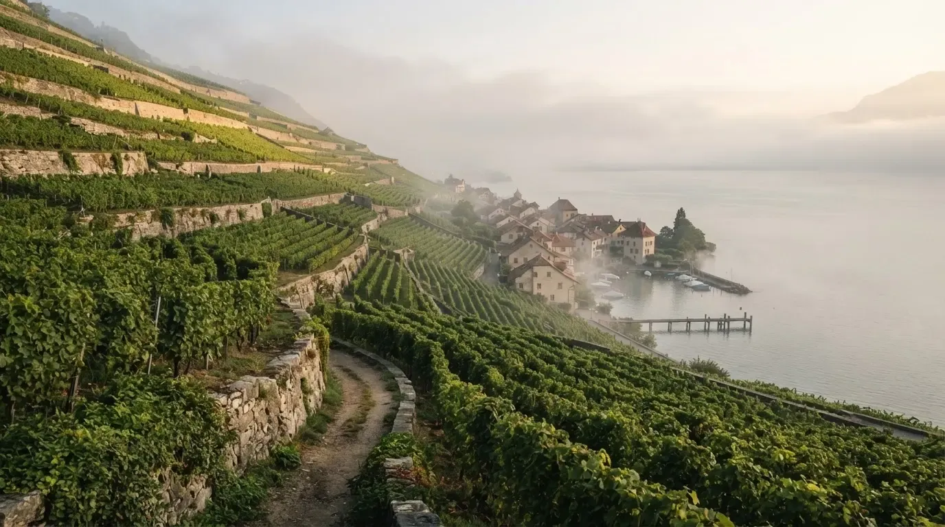 Terrassierte Weinberge über einem See im Morgendunst, am Ufer liegt ein kleines Dorf.