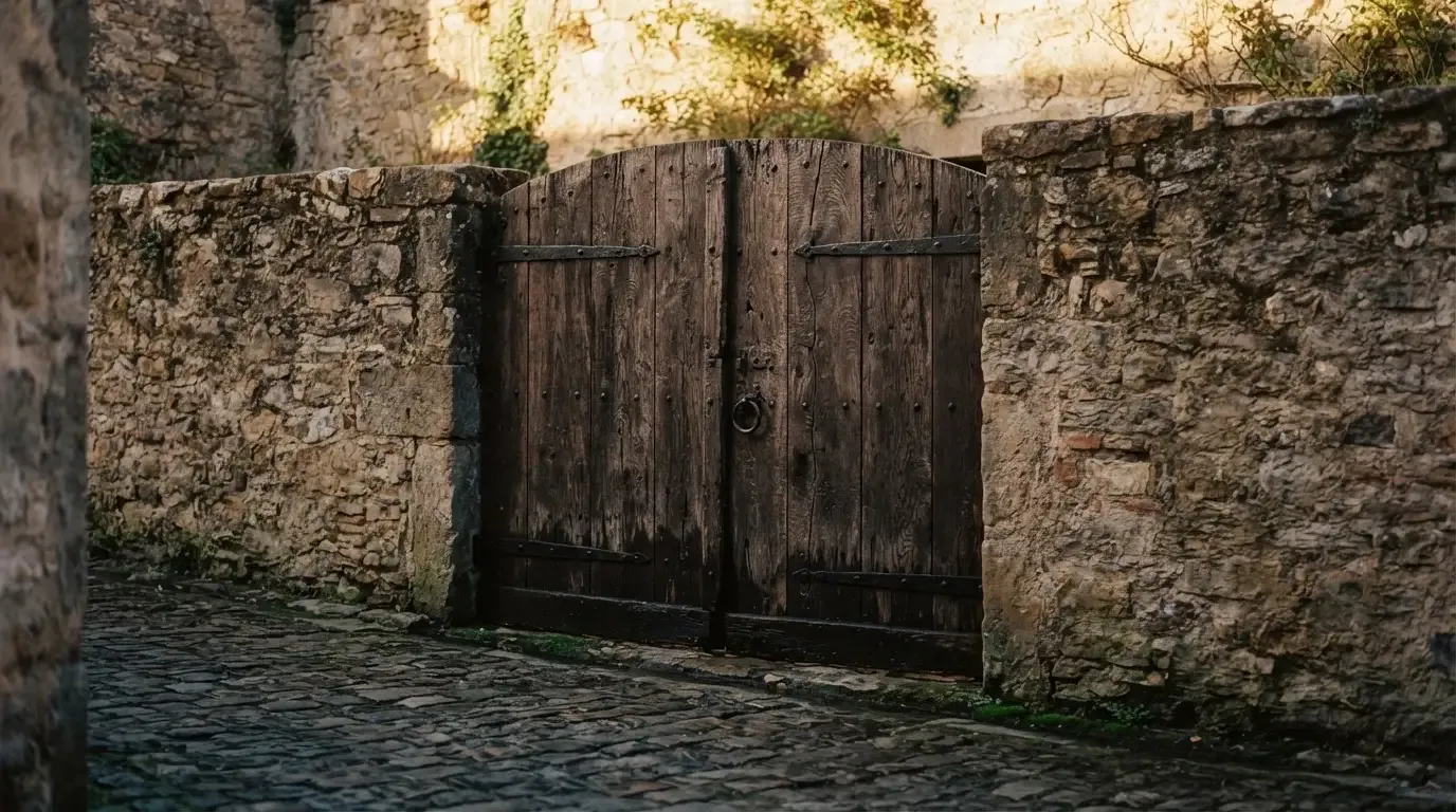Ein schweres Holztor mit Eisenbeschlägen in einer alten Steinmauer, davor liegt Kopfsteinpflaster im Schatten.