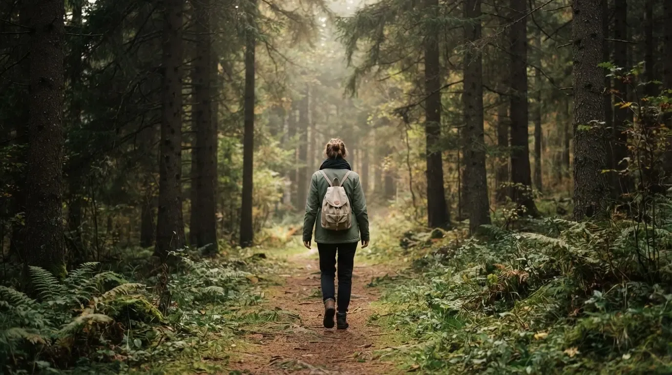Eine Person von hinten auf einem Waldweg, die langsam zwischen hohen Tannen geht.