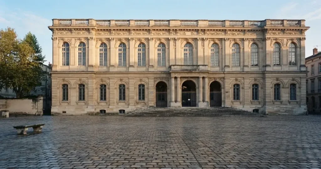 Die Fassade eines Sandsteingebäudes mit hohen Fenstern im weichen Licht des Vormittags, davor ein leerer Platz.