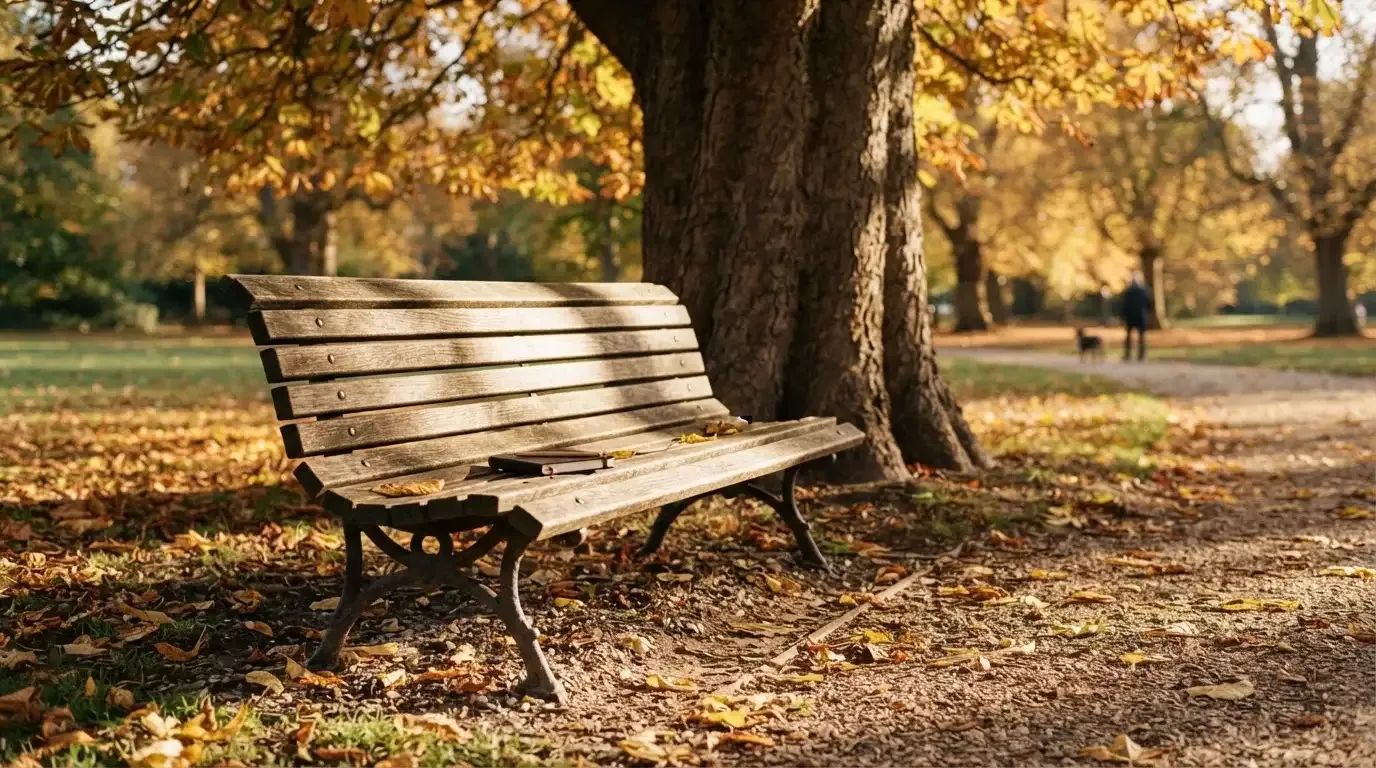 Eine Parkbank unter einer Kastanie im Herbst, auf dem Kiesweg liegen gelbe Blätter.