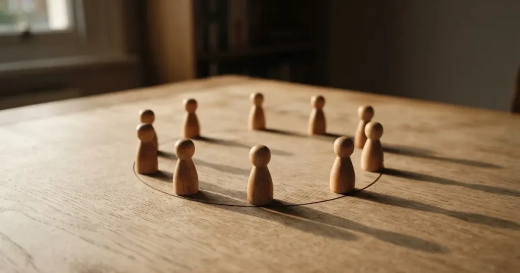 Acht gleiche Holzfiguren stehen in einem Kreis auf einem hellen Tisch im Seitenlicht.