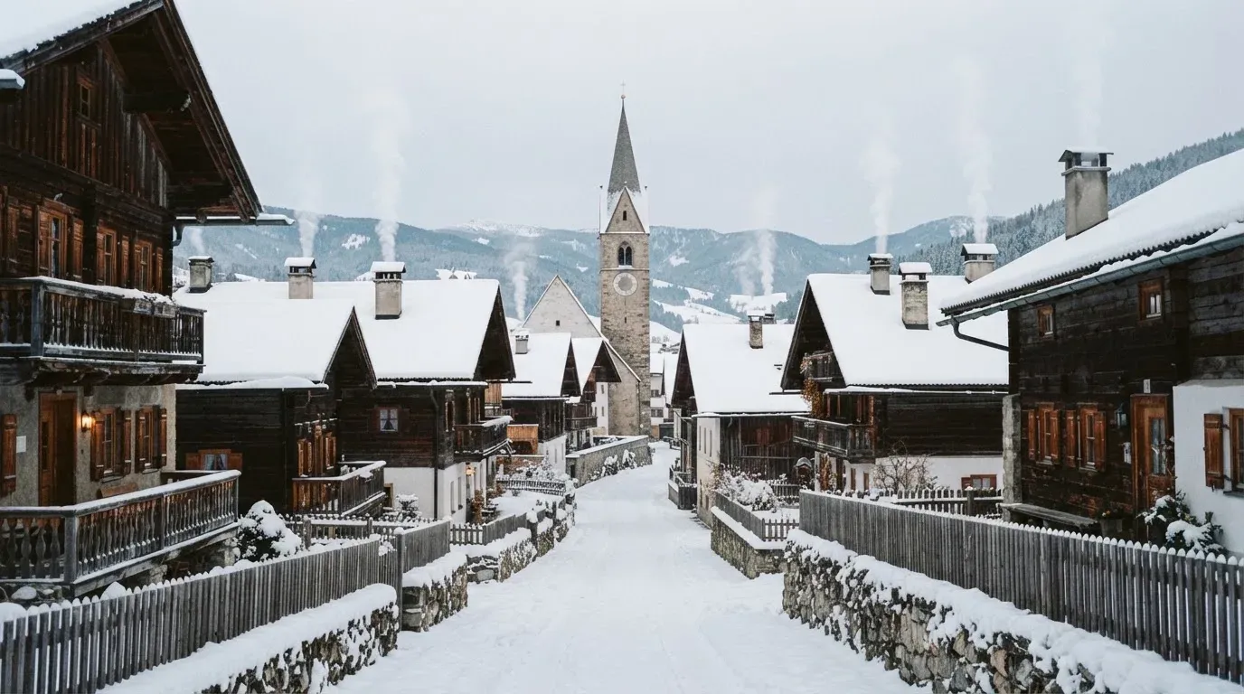 Eine verschneite Dorfstrasse mit Kirchturm im Hintergrund, Rauch steigt aus den Kaminen.