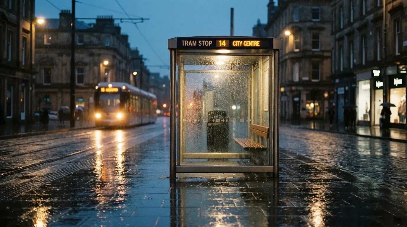 Eine Tramhaltestelle in einer Schweizer Stadt bei Regen, nasses Pflaster spiegelt das Licht.