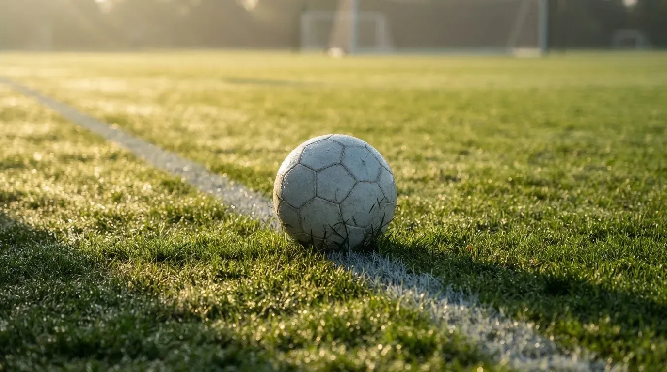 Ein Fussball ruht an der Seitenlinie im taufeuchten Gras, die ersten Sonnenstrahlen fallen schräg über den Platz.
