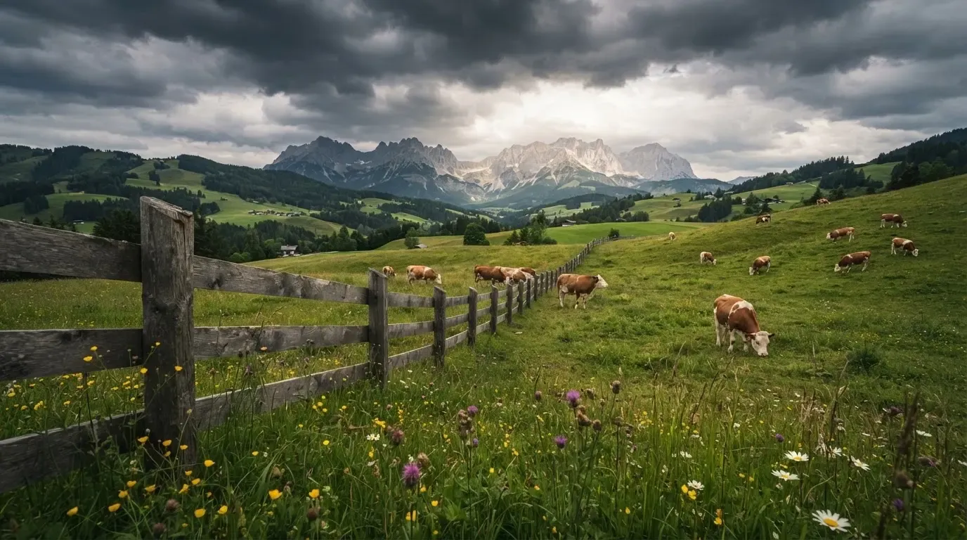Eine Alpwiese mit weidenden Kühen und einem Holzzaun unter wolkigem Himmel.