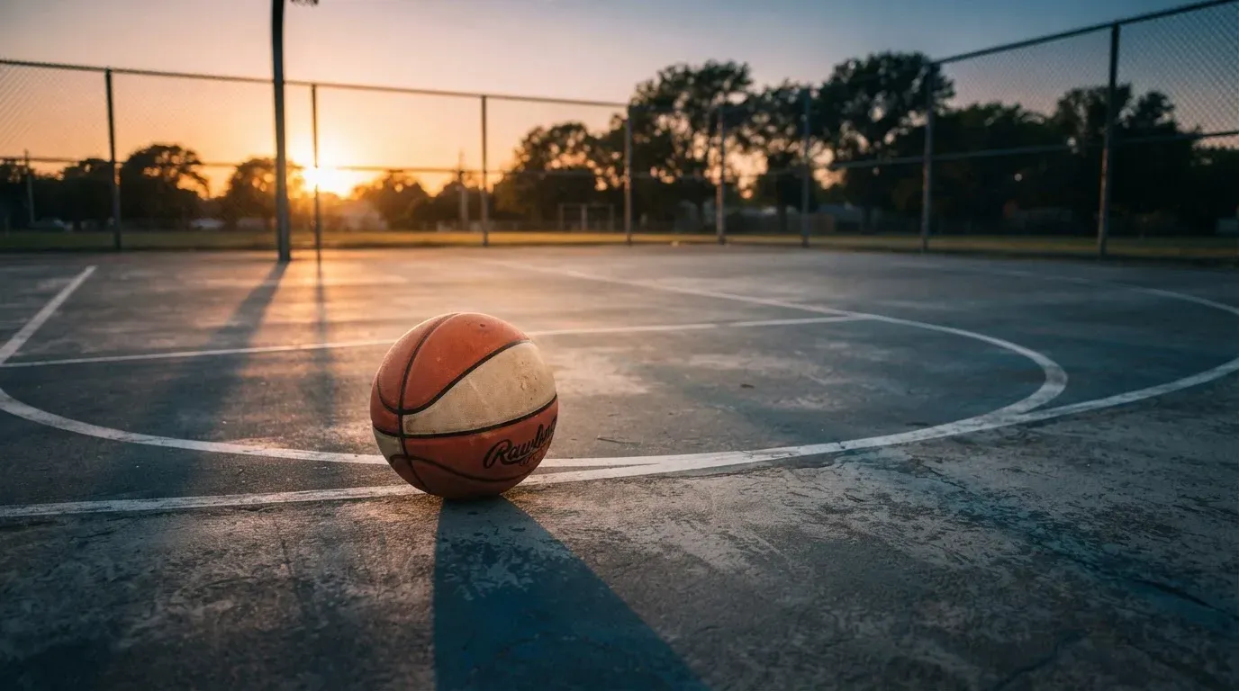 Ein Basketball liegt bei Sonnenuntergang auf einem leeren Aussenplatz, lange Schatten fallen über den Boden.