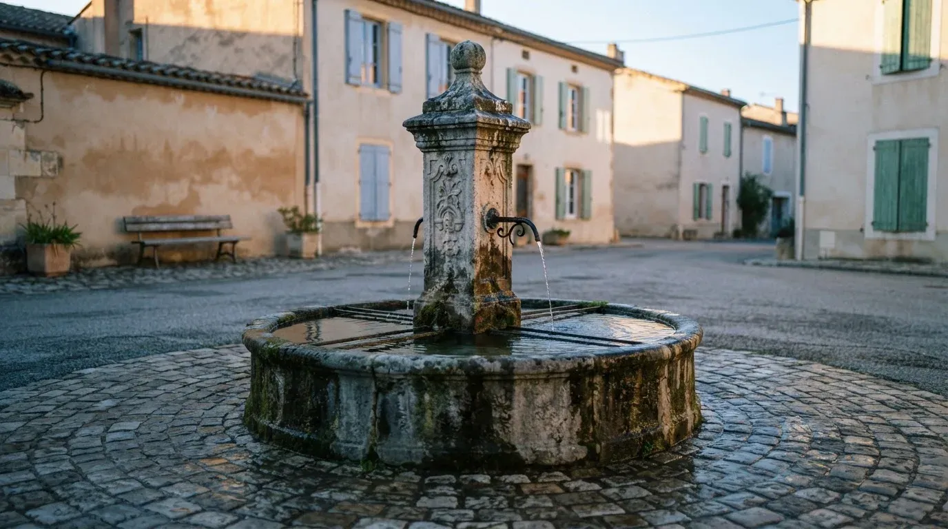 Ein Steinbrunnen auf einem stillen Dorfplatz im ersten Morgenlicht, Wasser fliesst ruhig in das Becken.