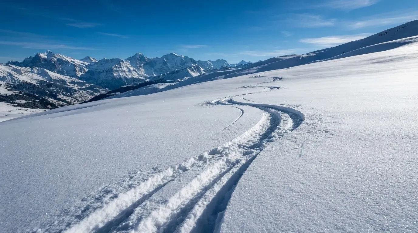 Skispuren im frischen Schnee an einem sonnigen Hang vor blauem Himmel.