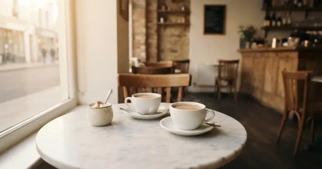Zwei Kaffeetassen und eine Zuckerdose stehen auf einem runden Marmortisch in einem leeren Café am Morgen.