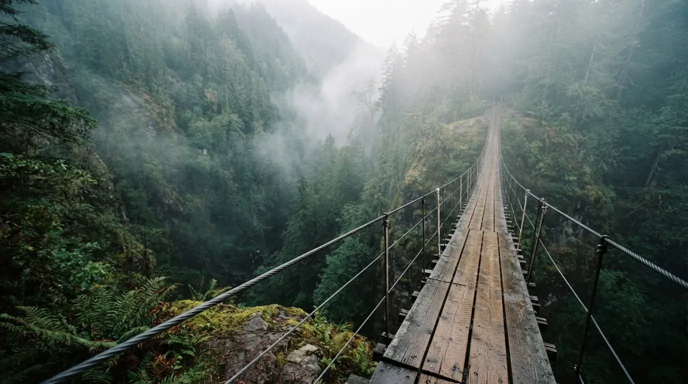 Eine Hängebrücke über eine tiefe Schlucht, aus dem Wald darunter steigt Nebel auf.