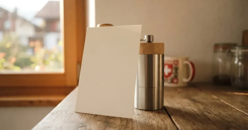Eine leere cremefarbene Karte lehnt an einer Kaffeemühle auf einer Küchenablage.