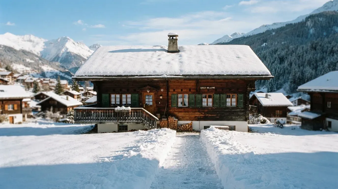 Ein Holzchalet mit Schnee auf dem Dach im klaren Sonnenlicht, davor ein geräumter Weg.