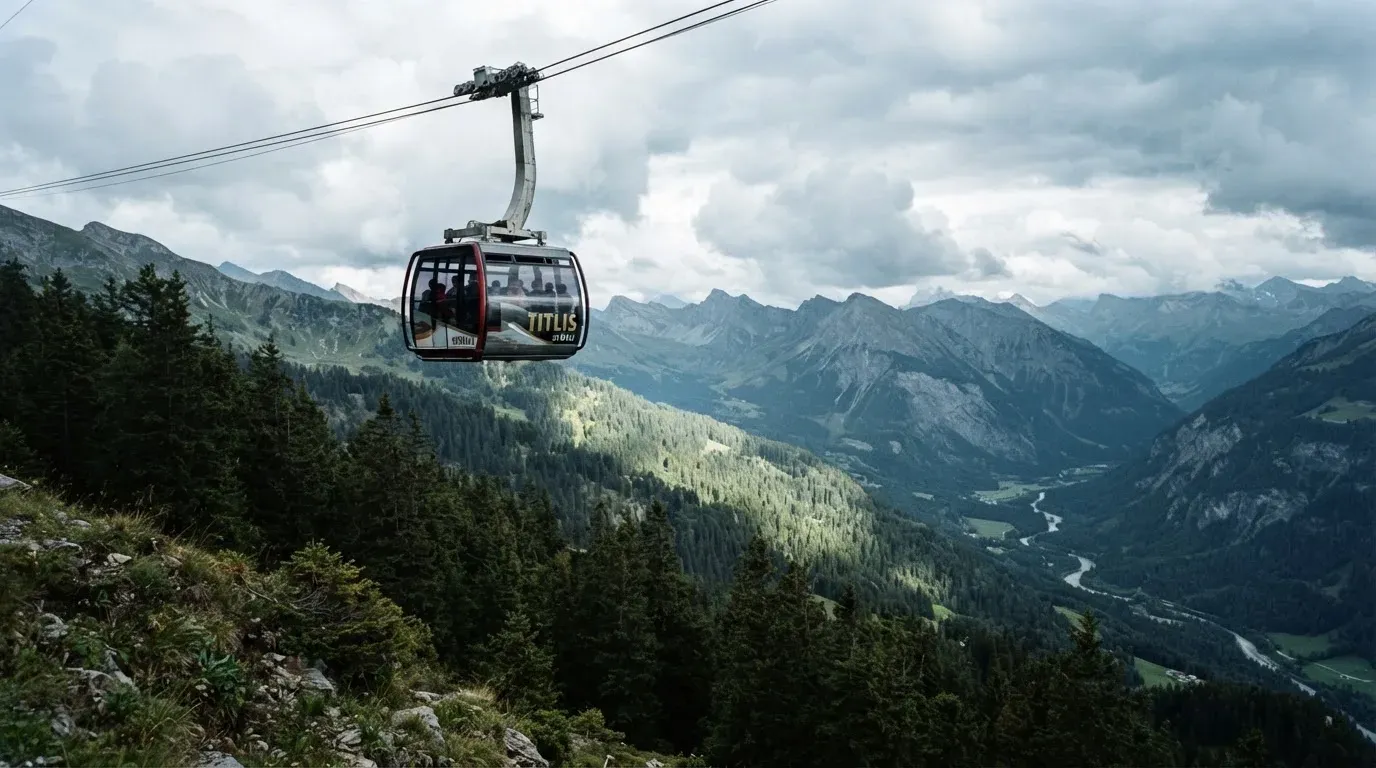 Eine Gondel einer Seilbahn schwebt über einem Tal mit Nadelwald, dahinter ziehen Wolken auf.