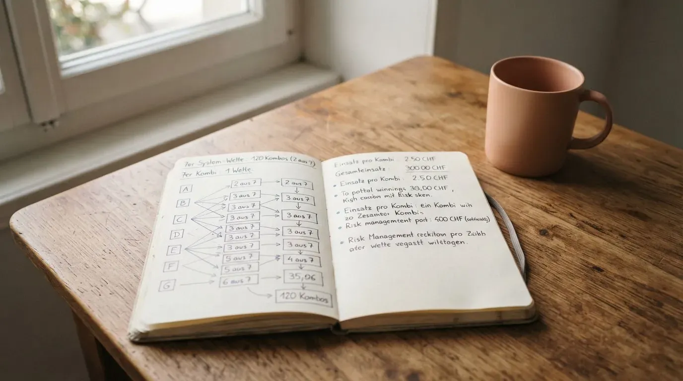 Ein aufgeschlagenes Notizbuch mit handschriftlichen Pfeilen und Kästchen liegt neben einer Kaffeetasse auf einem Schreibtisch am Fenster.