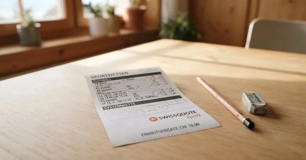 Ein leerer Wettschein aus Papier liegt neben einem Bleistift und einem Radiergummi auf einem hellen Holztisch im Tageslicht.