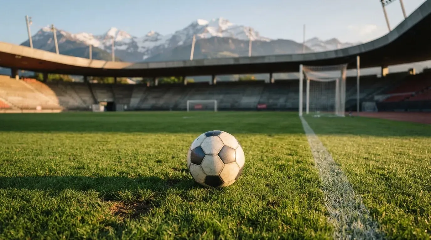Ein Fussball liegt auf dem Rasen eines leeren Stadions am frühen Abend, dahinter erheben sich schneebedeckte Berge unter klarem Himmel.