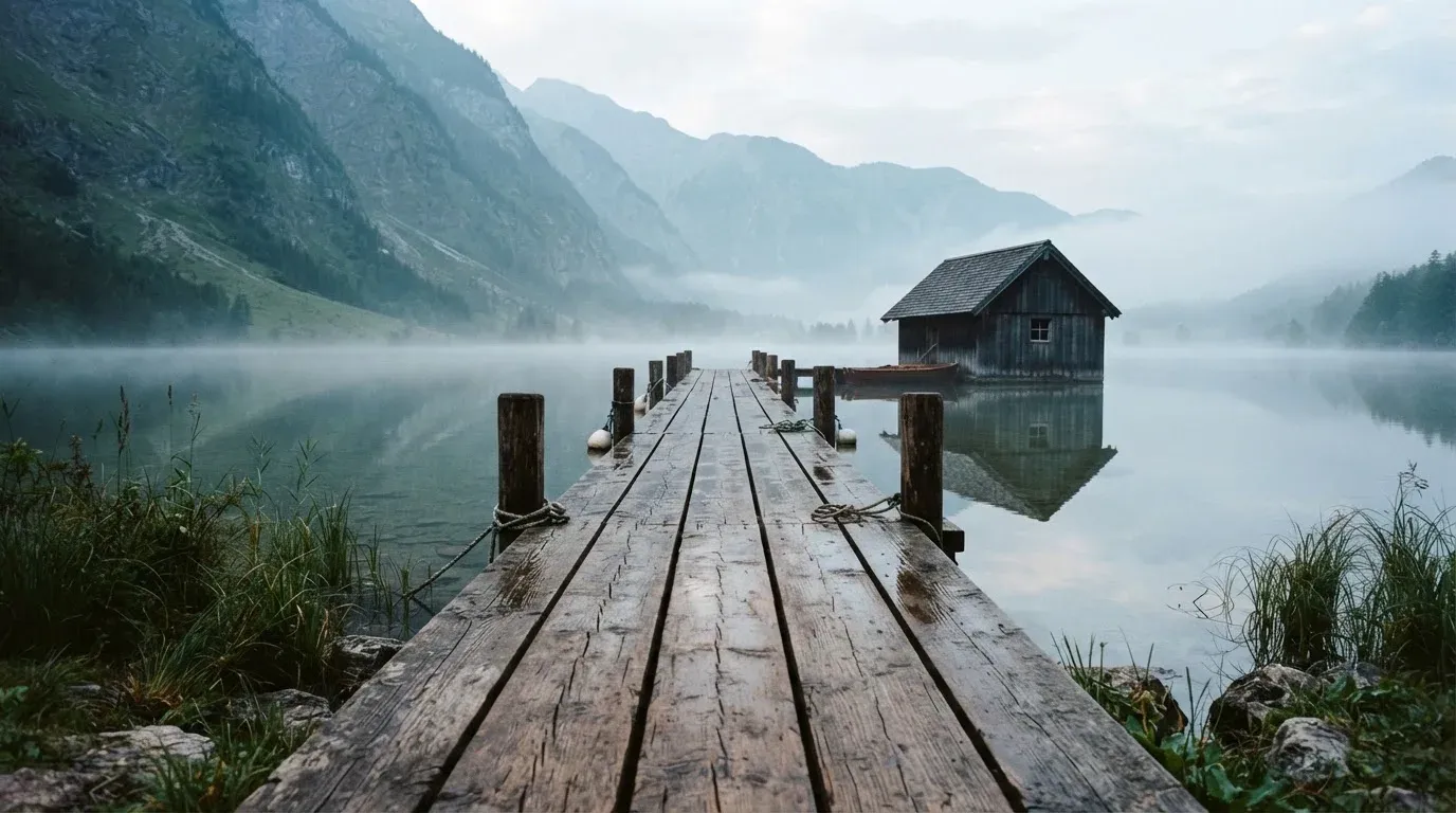 Ein Holzsteg führt über einen ruhigen Bergsee zu einem kleinen Bootshaus, über dem Wasser hängt Morgennebel.
