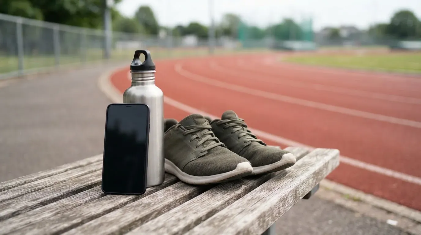 Ein Smartphone mit dunklem Bildschirm lehnt an einer Wasserflasche, daneben stehen Laufschuhe auf einer Bank am Sportplatz.