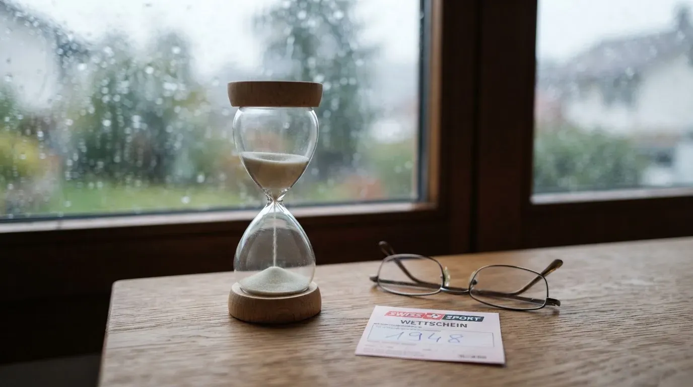 Eine Sanduhr steht auf einem Holztisch neben einer Brille, hinter dem Fenster laufen Regentropfen über das Glas.