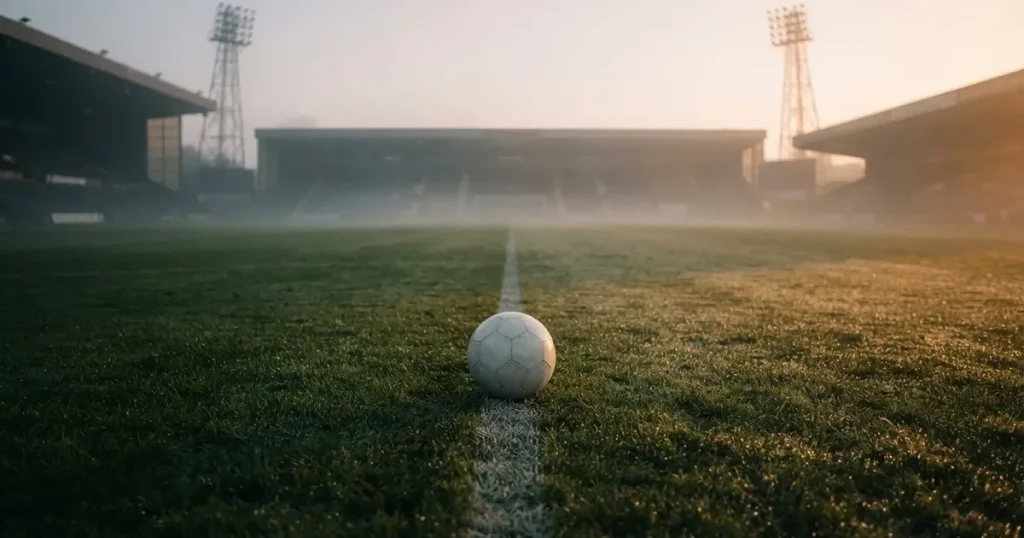 Ein Fussballplatz im Morgennebel, im Mittelkreis liegt ein einzelner Ball und der Rasen glänzt vom Tau.