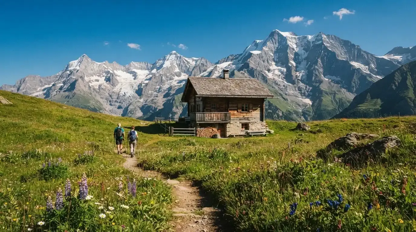 Ein Wanderweg führt über eine Alpwiese zu einem Holzchalet, dahinter ragen verschneite Gipfel in den Himmel.